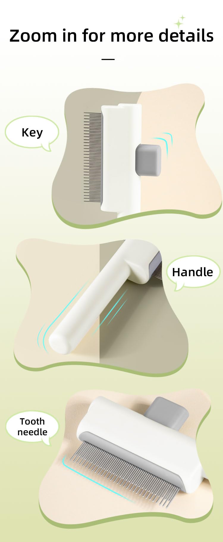 Cat Shedding Comb for Long Matted Hair, Cat Flea Comb for Indoor Cats or Dogs, Release Button Self-Cleaning Pet Combs, Long & Short Stainless Steel Metal Teeth, White - PawsPlanet Australia