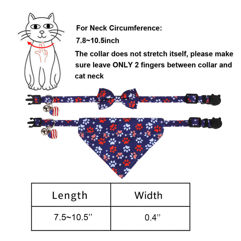 American Flag Cat Collar Breakaway with Cute Bow Tie Bell, 4th of July Cat Bandana Collar, Patriotic Cat Bowtie Collars for Cats Kittens (Blue) Blue