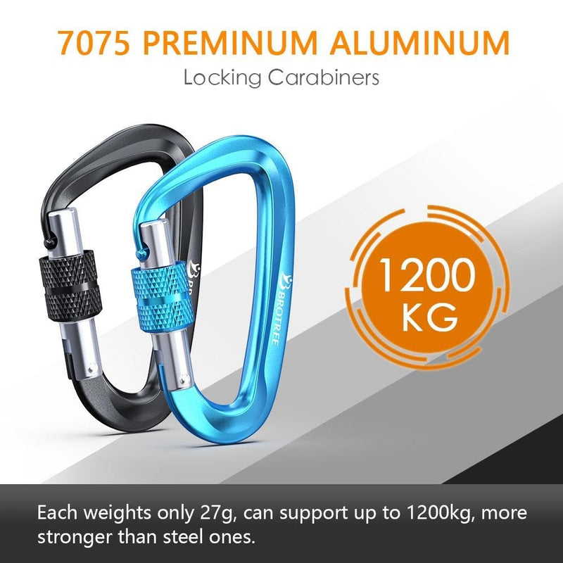BROTREE Locking Carabiner Clips 12KN (1200 kg) Heavy Duty Carabiners for Hammock, Camping, Hiking, Backpack and More (2 or 4 Packs) Locking 4 x Black2Blue2