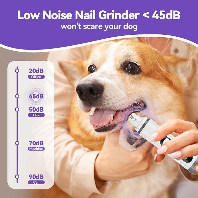 Dog Nail Grinder Quiet- Ultra-Quiet Dog & Cat Nail Grinder with LED Light & Battery Display & Upgrade Grinding Head - Painless Nail Trimmer for Small to Large Pets, Thick Nails, and Sensitive Paws White - PawsPlanet Australia
