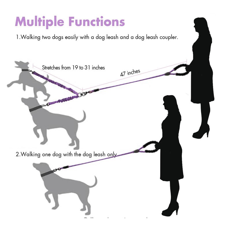 BAOBOTE Double Dog Leash,Dual Dog Leash with Shock Absorbing Bungee Reflective for Two Dogs 360 Swivel No Tangle (Purple) Purple - PawsPlanet Australia