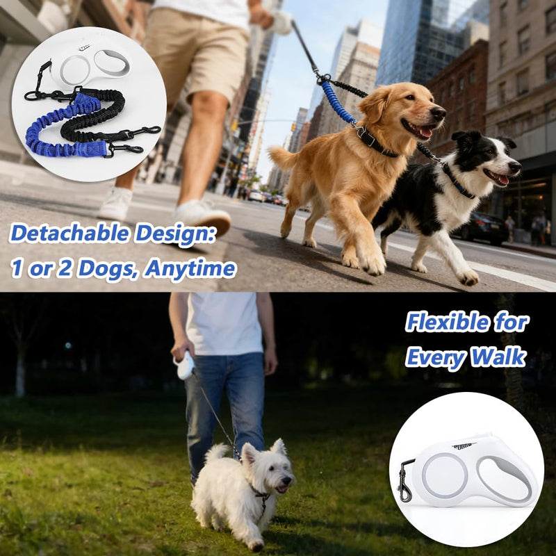 16.4ft Dual Retractable Dog Leash,for XS‑L Dogs Up to 55 lbs,USB Rechargeable LED Light,360°Tangle‑Free,Detachable Front Leash & Emergency Ready,Reflective Elastic(White) White - PawsPlanet Australia