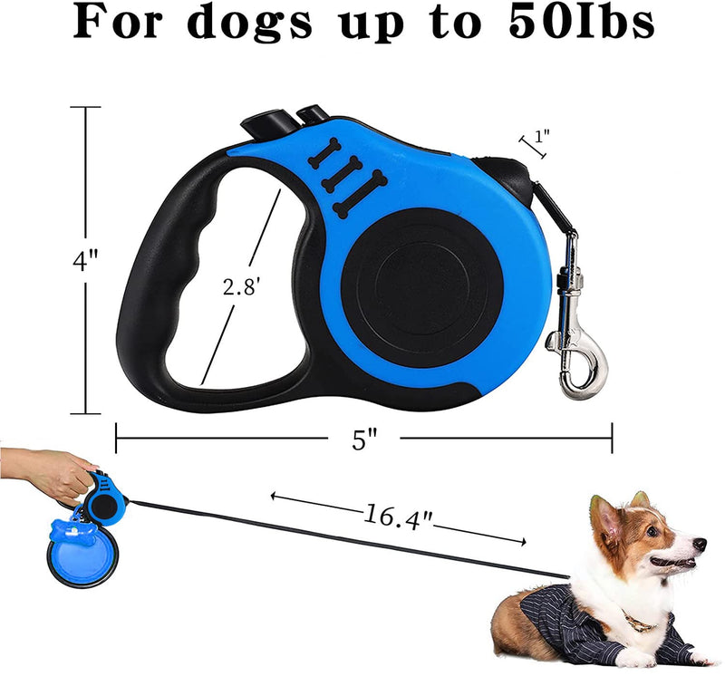 Retractable Dog Leash,Heavy Duty Dog Leash Retractable,Dog Walking Leash for Small Dog or Cat up to 26 lbs,360° Tangle-Free Strong Nylon Tape,Anti-Slip Handle,with Waste Bag Dispenser(16FT Blue) 16FT - PawsPlanet Australia