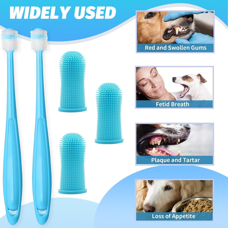 Pack of 5 Dog Toothbrushes, 360º Pets Teeth Cleaning Silicone Toothbrush, Fingerling Reusable, for Dogs, Puppies, Cats and Small Pets, Dental Care for Dogs, Cats, Dental Care (Blue) Blue