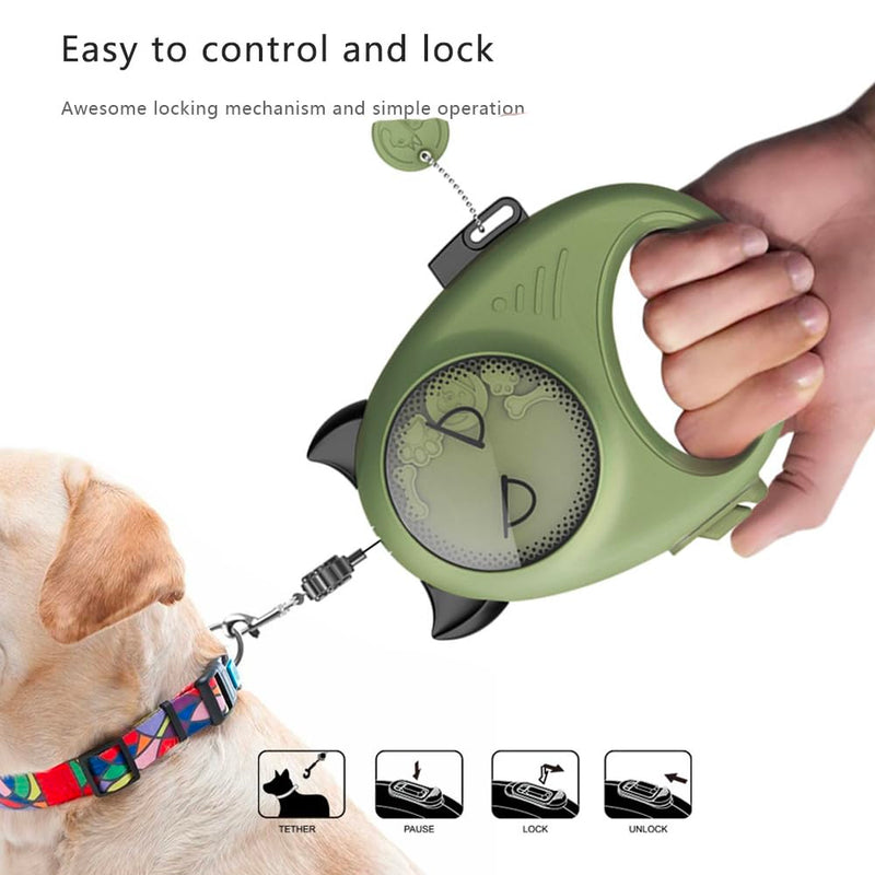 Retractable Dog Leash | 13 ft / 4 m | Supports up to 25 kg / 55 lbs | One-Button Brake & Lock | 360° Tangle-Free | Cute Animal Designs (Green) Green