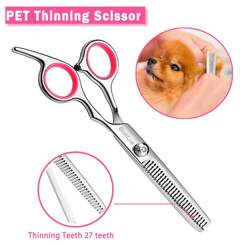Bamlue 6 in 1 Professional Stainless Steel 4CR Safety Round Tip Dog Grooming Scissors, Anti-Rust Shears Cat Grooming Scissors Pet Kit, Thinning Straight Comb for Long Short Hair-Pink Pink - PawsPlanet Australia