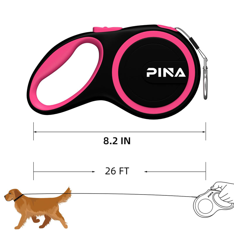 PINA Retractable Dog Leash, 26ft Dog Leash for Small Medium Large Dogs Up to 110lbs, 360° Tangle-Free Strong Reflective Nylon Tape, with Anti-Slip Handle, One-Handed Brake, Lock - Black Pink 26 ft - PawsPlanet Australia