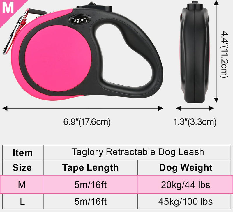 Taglory Retractable Dog Leash, 16ft No Tangle Dog Leash Retractable for Puppy Small Medium Dogs Up to 44 lbs, One-Handed Brake, Pause, Lock, Pink - PawsPlanet Australia