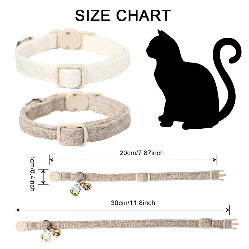 Cat Collar,2 Pack White Hemp Cat Collars Breakaway with Bell, DOGWONG Safety Buckle Wedding Cat Collar for Girl Boy Cats and Small Dogs，Adjustable 7-12 Inch,Pet Supplies Accessories Khaki