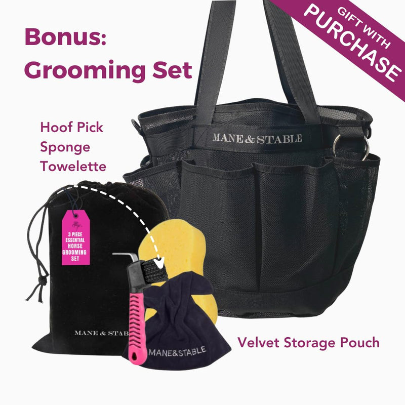 Horse Grooming Bag Hanging Tote with 8 Pockets - Lightweight Mesh Organizer for Horse Supplies, Adjustable Shoulder Strap + Bonus Grooming Set Black - PawsPlanet Australia