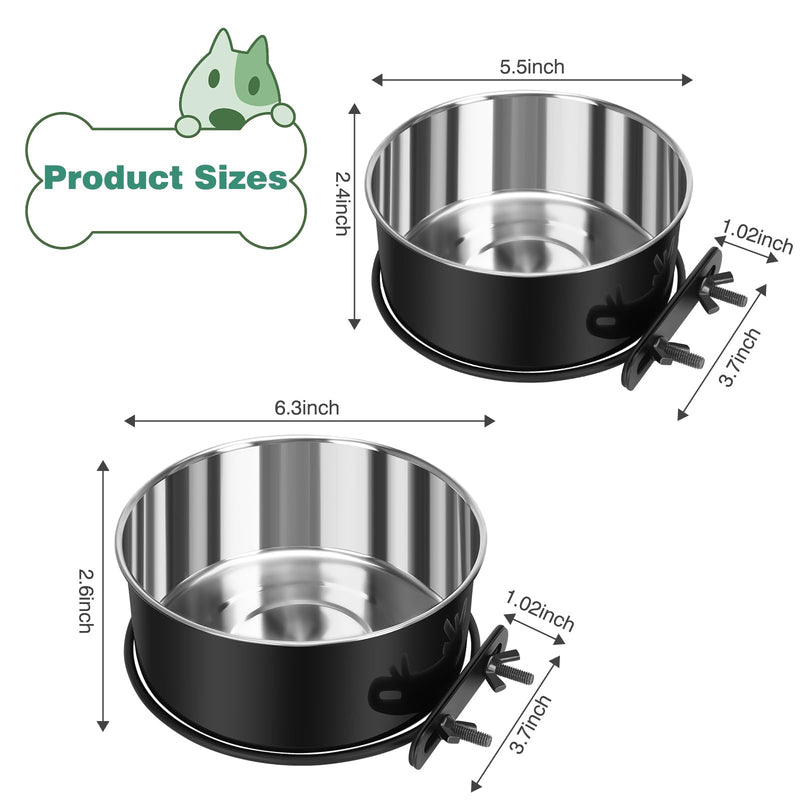 Dog Crate Water Bowl No Spill, 2 Pack Dog Crate Bowls Hanging, Kennel Water Food Bowls Mountable, Pet Cage Accessories Feeder Dish, Stainless Steel Coop Cup for Cat Puppy Bunny Guinea Pig Ferret Bird M(6.3*2.6'' & 5.5*2.4'') Black