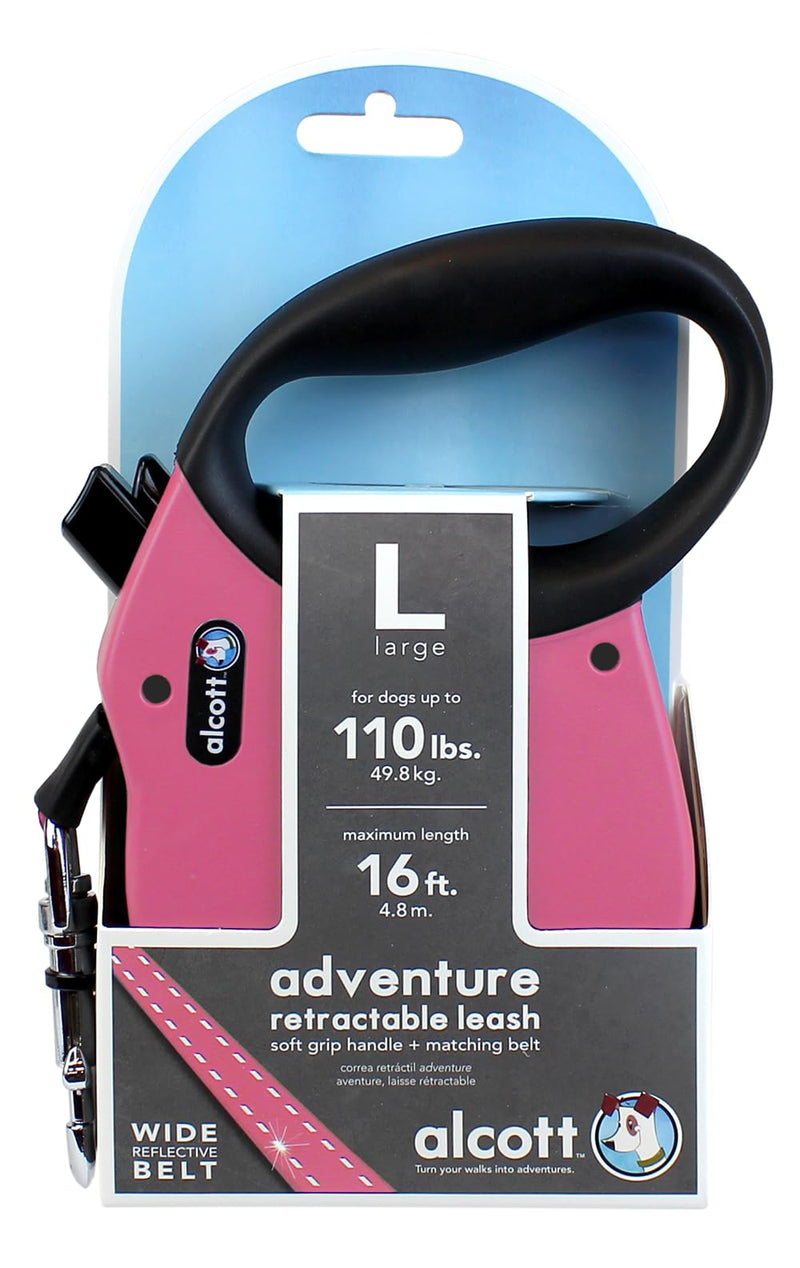 Alcott Adventure Retractable Reflective Belt Leash – 16 Feet – Large for Dogs up to 110 lbs, Pink – Durable & Comfortable Dog Leash - PawsPlanet Australia