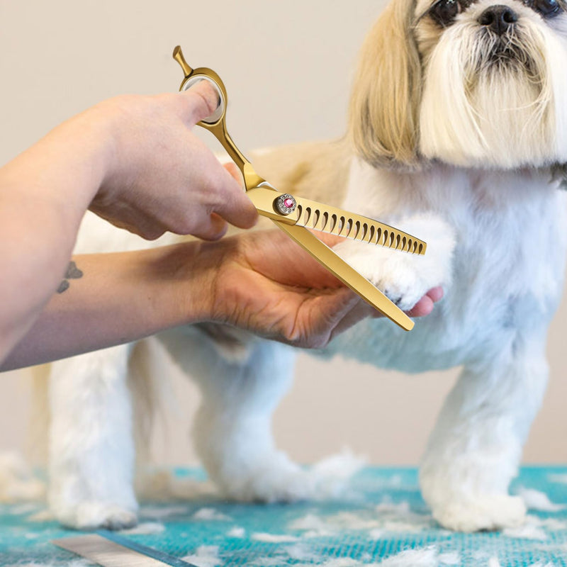 7" Downward Curved Dog Grooming Scissors for Grooming Face and Paws Safety Dog Chunker Trimming Cutting Shears for Dog Cat Pet Grooming Gold 7" Gold Chunker - PawsPlanet Australia