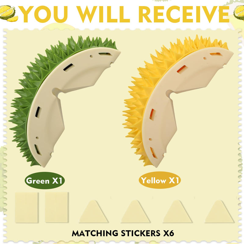 Hiboom 2 Pcs Cat Wall Corner Scratcher Durian Shaped Self Groomer Face Scratcher Massage Comb Grooming Brush Tool for Indoor Long & Short Fur Kitten Dogs, Green and Yellow - PawsPlanet Australia