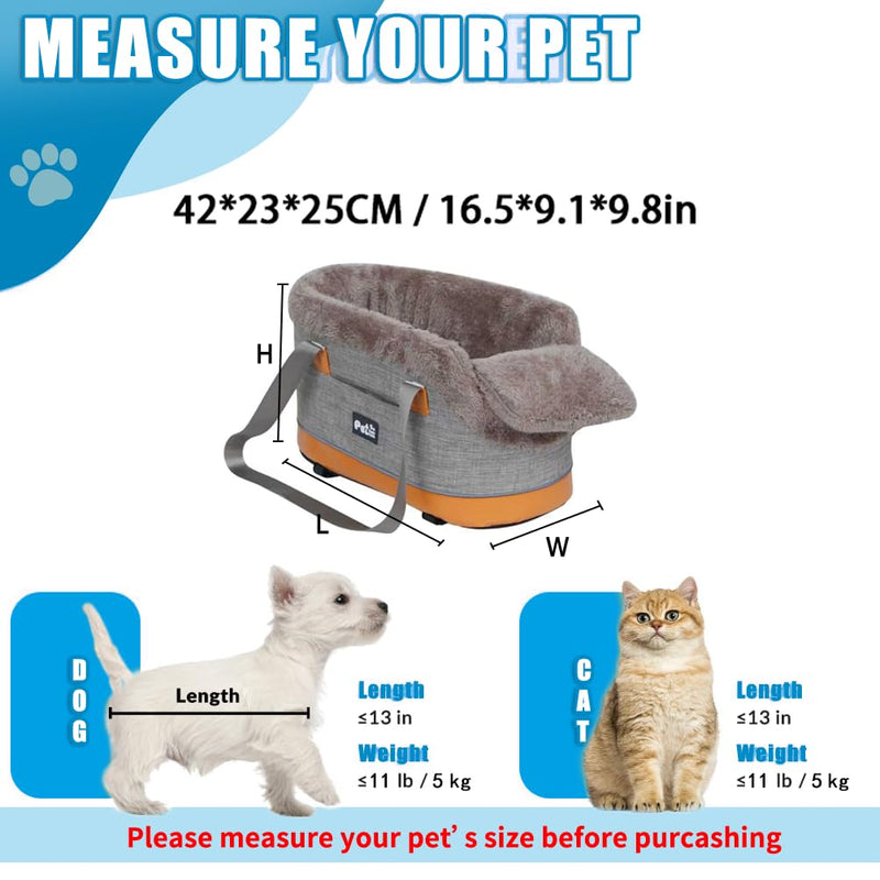 Pet Car Center Console Elevated Armrest Car Seat for Small Puppies, Dogs & Cats (Up to 10 lbs) – Khaki Washable Plush Carrier with Safety Leash, Fits Front Vehicle Console Space - PawsPlanet Australia