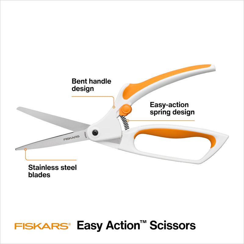 Fiskars Easy Action Scissors, No. 8, Spring-Assisted & SoftGrip Bent Handle Reduces Hand Fatigue, Precision Stainless Steel Blades for Clean Tabletop Cutting, Ambidextrous Design, Stainless Steel Bent Handle Stainless Steel
