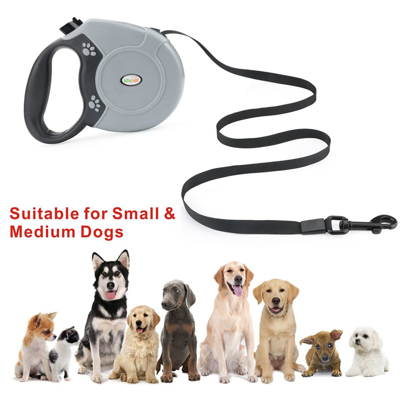 Idepet Heavy Duty Retractable Dog Leash for Small and Medium Dogs, Anti-Chewing Steel Chain 360 Degree Tangle-Free,Break and Lock System,16ft Leash for Dog Walking (Grey, Flat Rope) Grey - PawsPlanet Australia