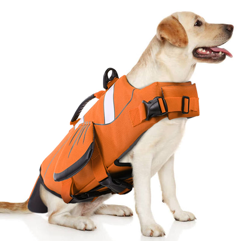 DENTRUN Dog Life Jacket Safety Vests for Swimming, Adjustable Puppy Pool Lake Floats Coat High Visibility Superior Floatation & Rescue Handle, Clownfish Shape Water Vest for Small Medium Large Dog XX-Large Orange