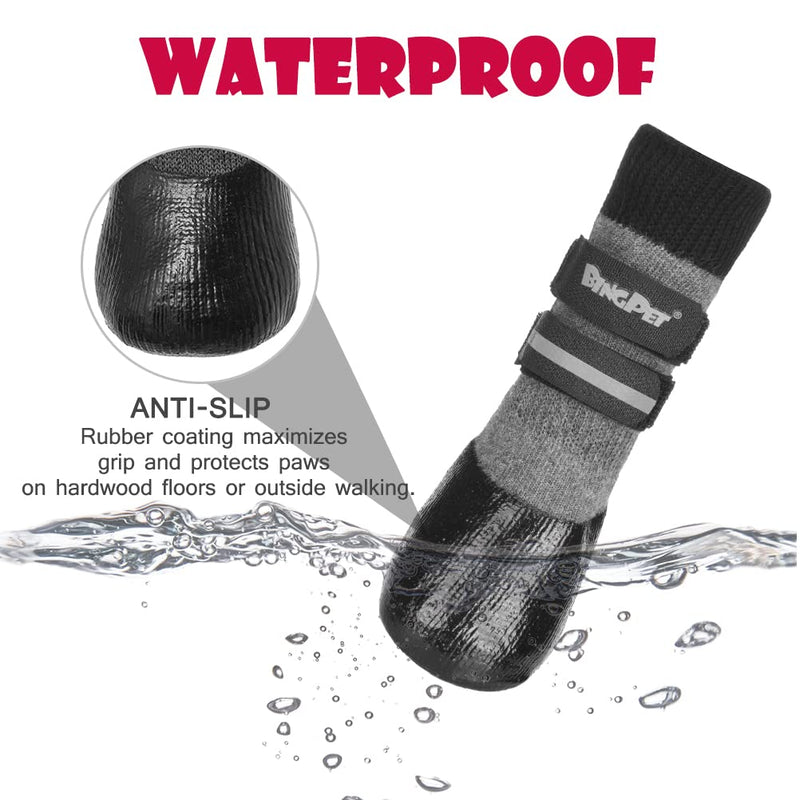 BINGPET Anti-Slip Dog Socks,Waterproof Paw Protectors with Reflective Straps Traction Control for Indoor & Outdoor Wear, 4pcs Grey Large - PawsPlanet Australia