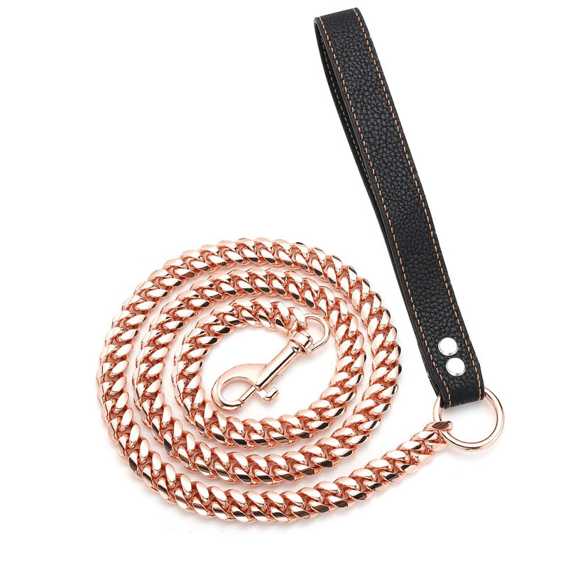 AIYIDI Rose Gold Chain Dog Leash Heavy Duty 3FT/4FT/5FT Stainless Steel Metal Training Walking Leash,Easy Hook,Leather Handle,Chewy, 10mm/14mm Cuban Link Leash for Large Medium Small Dogs Chain Width: 14mm 5FT(60inches) - PawsPlanet Australia