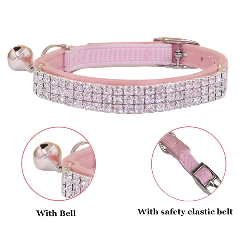 THAIN Rhinestones Cat Dog Collar Soft Velvet Safe Adjustable Collar Bling Diamante with Bells, 8-11 inch for Small Dogs and Cats (Pink) Pink