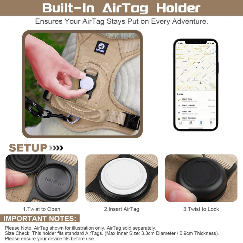 Dog Harness with Airtag Holder, No-Pull Tactical Service Dogs Vest with Handle, Escape Proof Freedom Outdoor Easy Walk Jacket with Back Front Clip for Small Medium Large Breeds,Khaki,M Khaki - PawsPlanet Australia