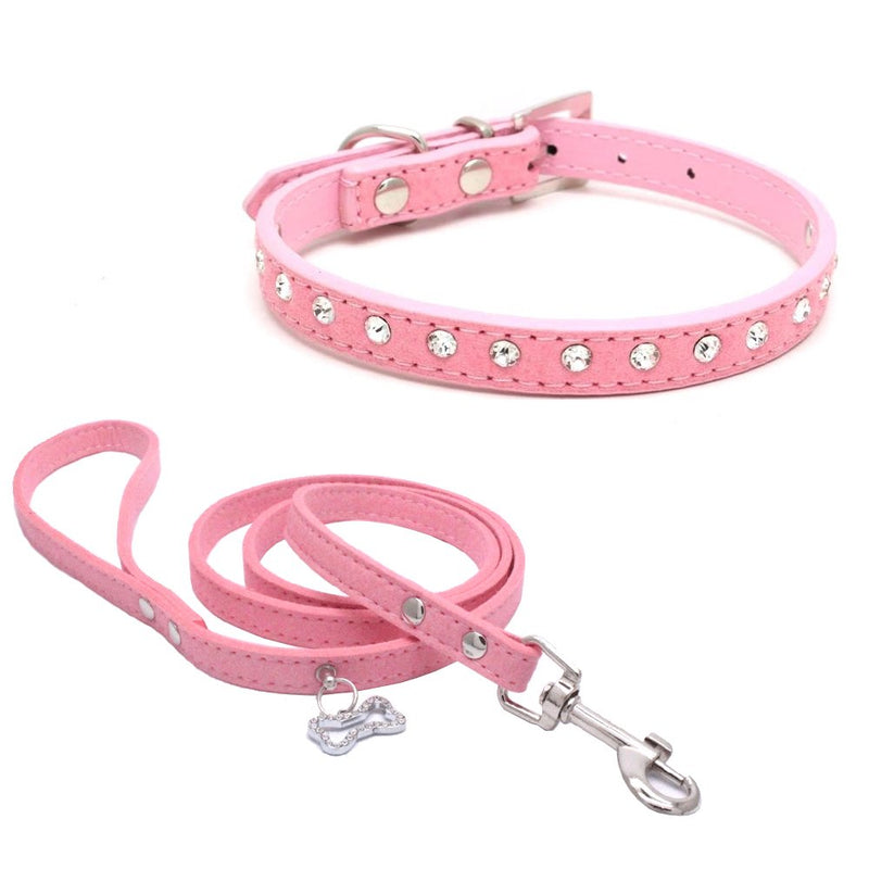 Dogs Kingdom 10 "-16.5" Total Length Suede Skin Jeweled Rhinestones Pet Dog Collar Leash Set Sparkly Crystal Diamonds Studded Leather Puppy Dog Cat Collar Leash Set Pink M - PawsPlanet Australia