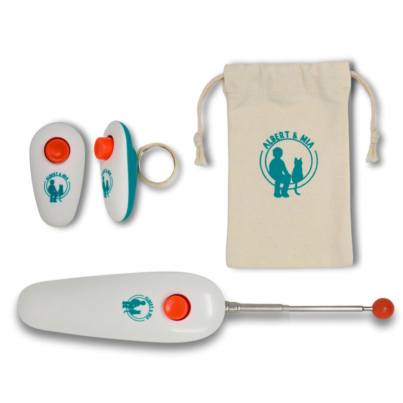 ALBERT & MIA Cat Training Kit (4 Pieces) - Quiet Clicker + Target Stick Clicker + Treats Pouch + Cat Clicker Training Start Guide (Beginner to Expert) Cat Training Set - PawsPlanet Australia