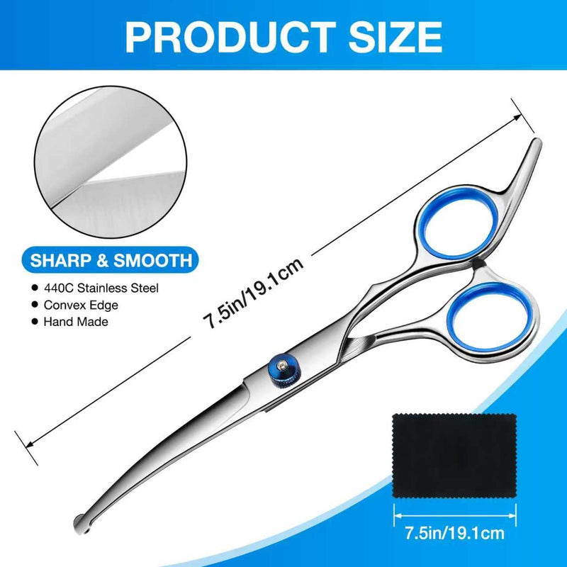 Dog Grooming Scissors, 6.7in Stainless Steel Curved Scissors for Dog Grooming with Safety Round Tip, Professional Pet Cat Shears Trimming Clippers Shaver, Cleaning Cloth