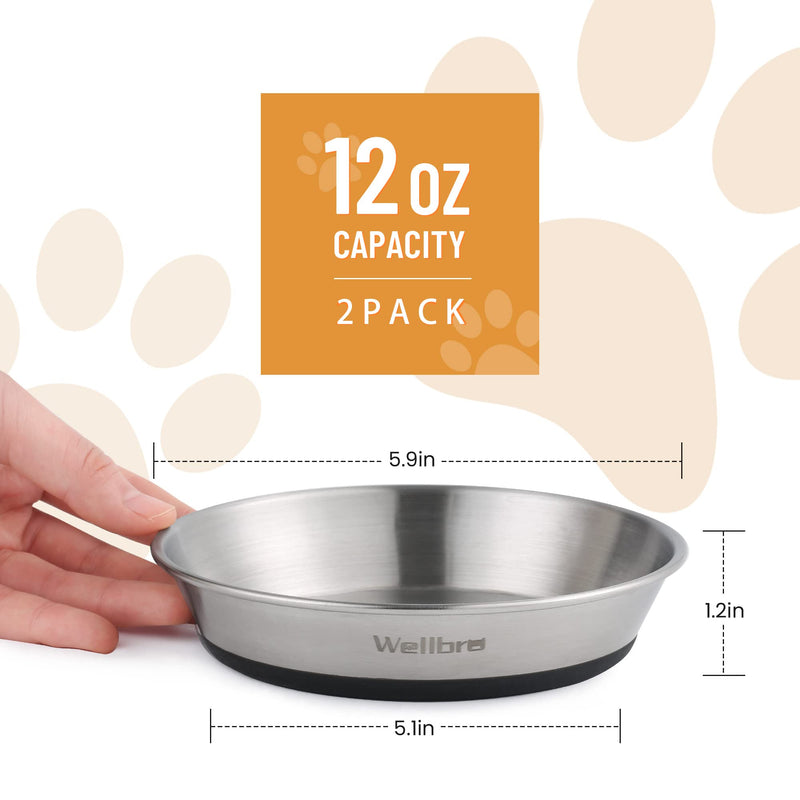 Cat Bowls, 2 Pcs Stainless Steel Cat Bowls for Food and Water, Whisker Fatigue Shallow Non-Slip Cat Dishes Plates for Small Dog Puppies Cats 2 Non-slip Bowls