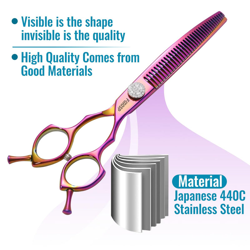 Professional Curved Chunkers Shears Dog Grooming 7.5'' Rainbow Curved Thinning Scissors for Large Dogs, 35 Teeth, Japan 440C Stainless Steel, Purple 7.5 in Curved Chunkers Rose Red - PawsPlanet Australia