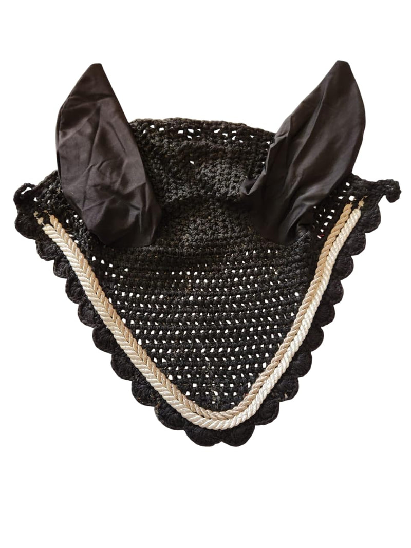 Horse Ear Bonnet Fly Veil Crochet Equestrian with Piping Black Color Full Size