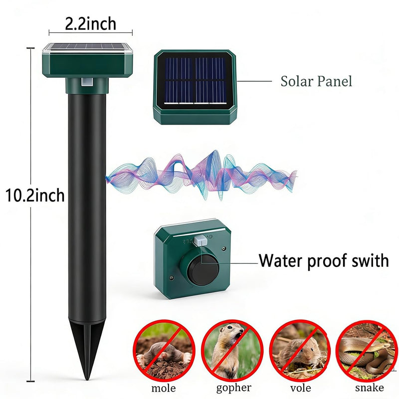 Mole Repellent 10 Pack, Animal Repeller Solar Powered Snake Ultrasonic Gopher Deterrent, Outdoor Waterproof Vole Vibration Stakes,Sonic Spike for Rodent Groundhog Snake Chipmunk