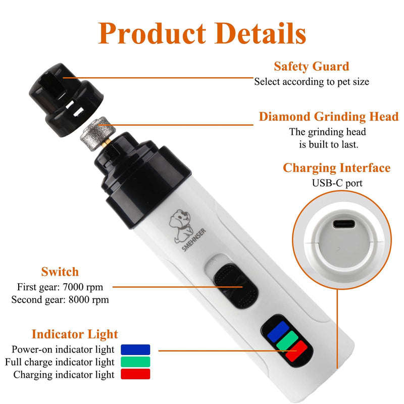 Silent Dog Nail Grinder Cordless Electric Pet Nail Trimmer USB Rechargeable Dog Claw Grinders Low Noise Diamond Bit Nails Clippers File Trimmer for Dogs & Cat