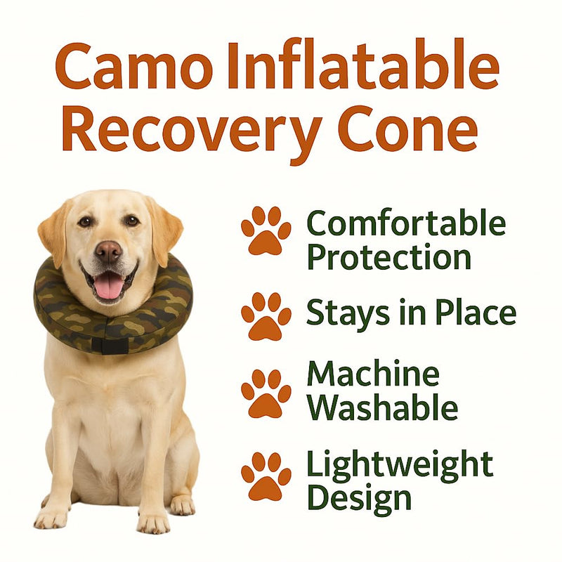 Comfy-K9 Camo Cone - Inflatable Dog Cone with Soft Camouflage Design, Adjustable Blow Up Donut, Machine Washable, Small Size Collar for Comfortable & Stylish Pet Recovery