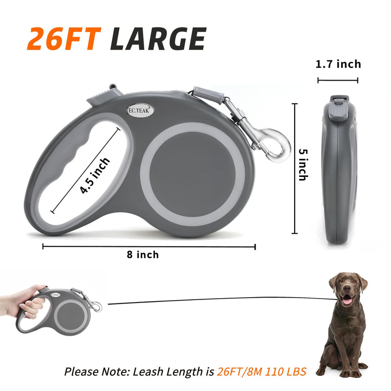 Retractable Dog Leash, 26 FT Retractable Leash for Dogs Up to 110 LBS, One Button Break & Lock, No Tangle (Dark Gray, 26 FT（50-110 lbs）) 26 FT（50-110 lbs） Dark Gray