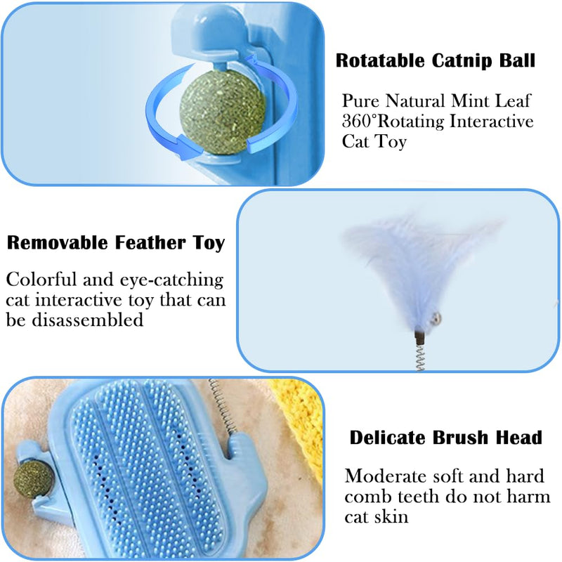 3-in-1 Cat Self Groomer Brush – Wall Corner Cat Scratch Pad with Catnip Ball & Feather Toy, Cactus-Style Wall Brush for Indoor Cats, Cats Massager & Face Scratchers for Fur Pets Blue - PawsPlanet Australia