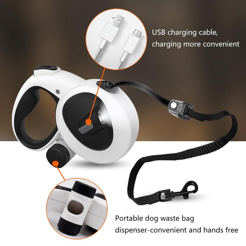 4-in-1 Retractable Dog Leash 16ft with LED Light, Poop Bag Dispenser & Bags – Heavy Duty, Tangle-Free Leash for Small to Large Dogs up to 110lbs, One-Button Brake & Anti-Slip Handle (L) - PawsPlanet Australia