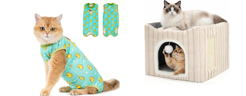 Avont Cat Recovery Suit -Kitten Onesie for Cats After Surgery Bundle with 3-in-1 Cat House for Indoor Cats