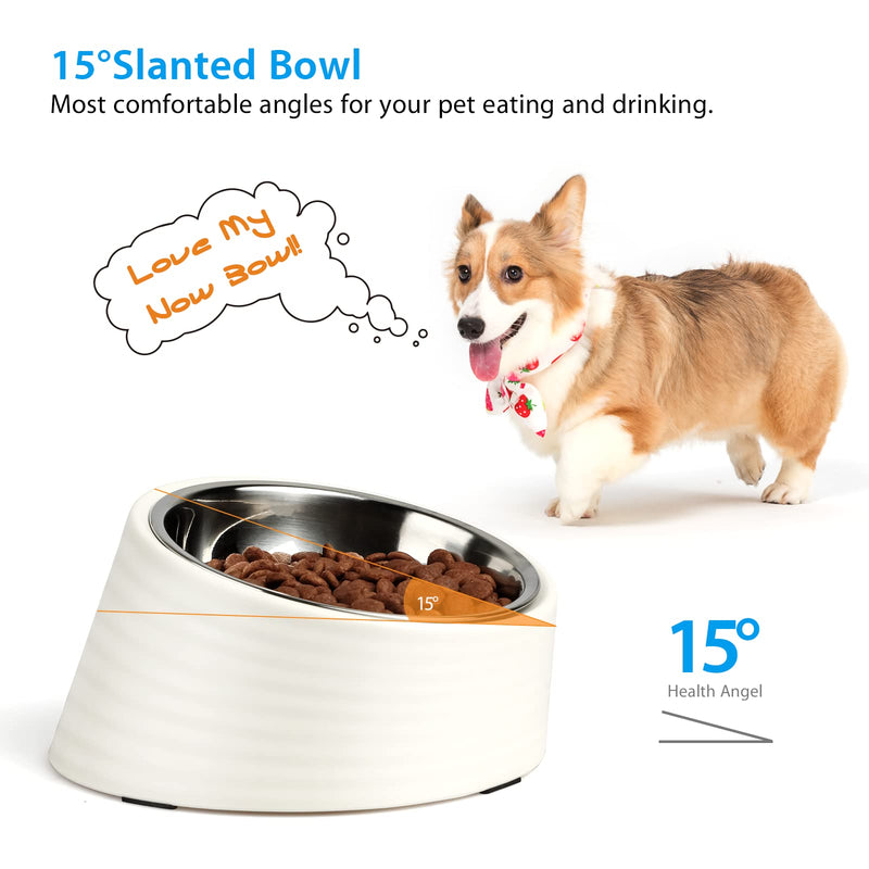 UPPETLY 15°Slanted Stainless Steel Dog Bowl, Tilted Angle No Spill Non-Skid Cat Food Bowl, Stress Free Food Grade Material Feeder for Pets Puppy Small Medium Dogs White - PawsPlanet Australia