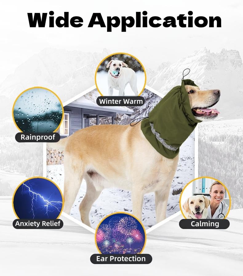 Dog Winter Ear Protector Waterproof Thermal Dog Snood with Reflective Strip Puppy Earmuffs Dogs No Flap Ear Wrap Pet Ears Neck Cover for Warm Winter Anxiety Relief Calming (Green, L) Green