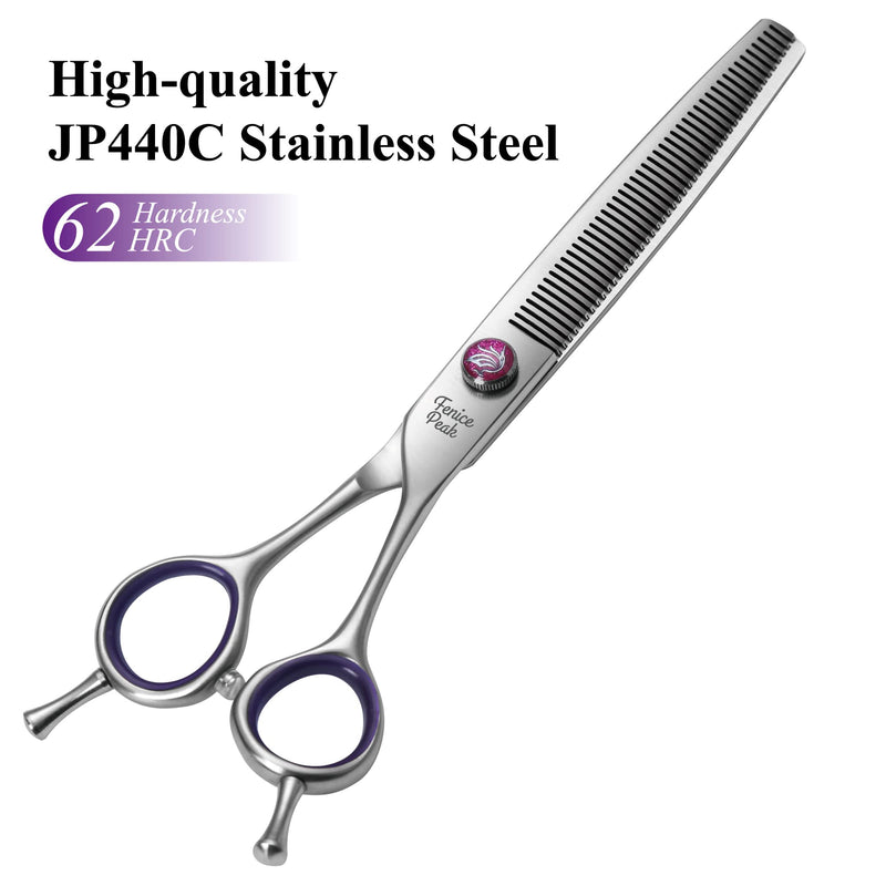 Fenice Peak 7'' Thinning Dog Grooming Scissors with Purple Finger Rings and Flashing Screw Professional 440C Stainless Steel Natural Color Pet Thinning Shears with Offset Handle Durable and Sharp 7" Thinner - PawsPlanet Australia