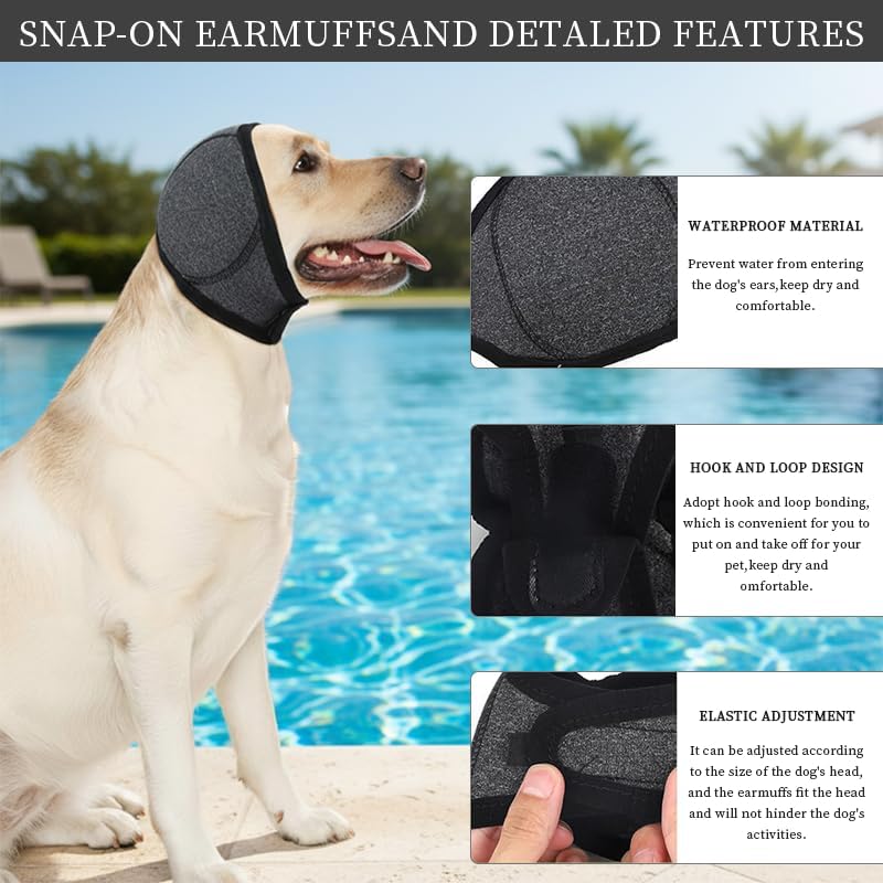 Ear Protection Dog New Year's Eve, Dog Swimming Caps, Adjustable & Waterproof and Noise Protection Dog Earmuffs - For Bathing, Swimming, Thunderstorms, Fireworks and Stress Reduction (Dark Grey, S) darkgray