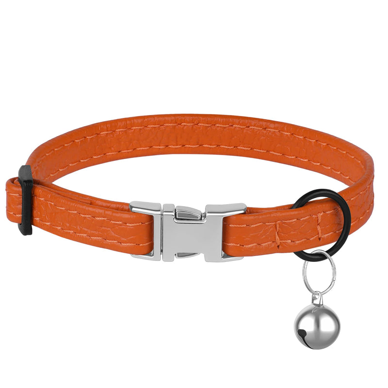 Leather Cat Collar with Buckle and Removable Bell - Non Breakaway Adjustable Soft Safety Small Pet Collars for Girl Boy Cats Kitten (Orange) Orange - PawsPlanet Australia
