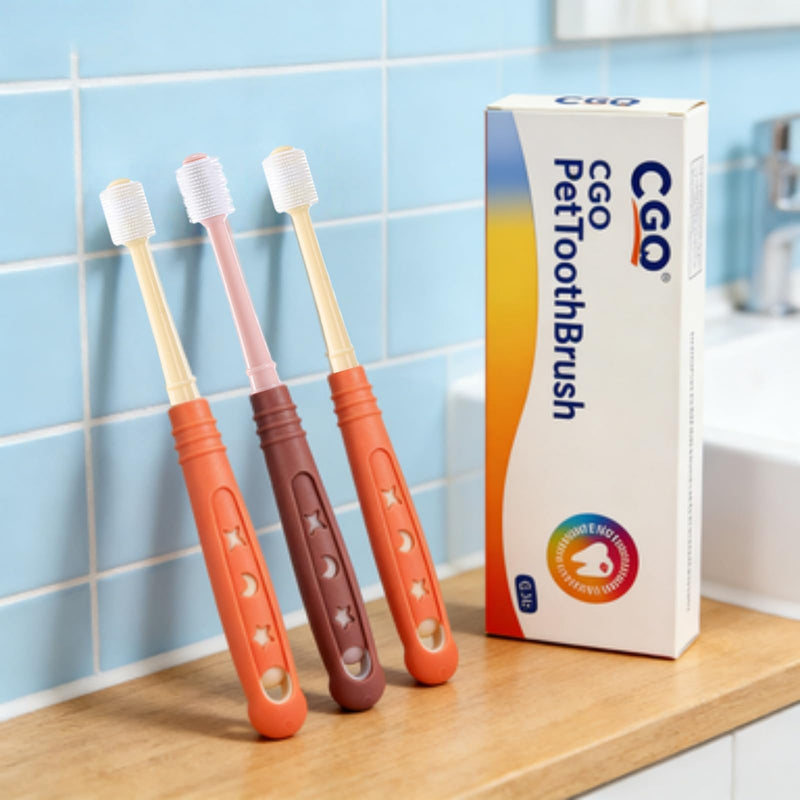 CGO Silicone 360° Toothbrush for Small Dogs & Cats - 3 Pack Round Head Pet Toothbrush, Gentle Chewable Brush with Soft Bristles, Dental Care Kit for Puppy Kitten Oral Hygiene (2 Orange, 1 Brown) 2 Orange and 1 Brown