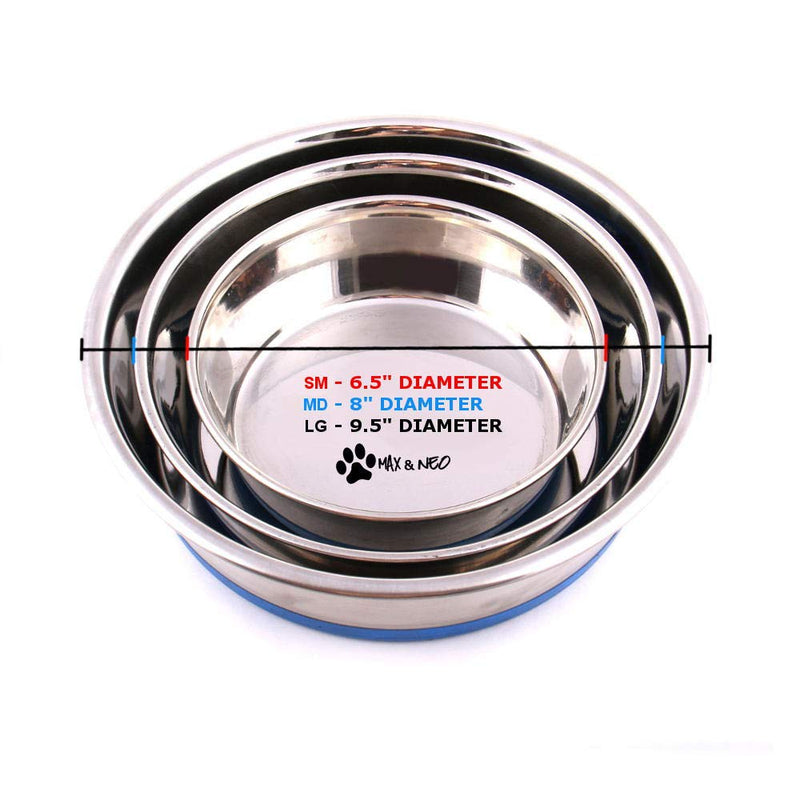 Max and Neo Heavyweight Non-Skid Rubber Bottom Stainless Steel Dog Bowl - We Donate a Bowl to a Dog Rescue for Every Bowl Sold (Large - 80oz - 9.5" Diameter) Large - PawsPlanet Australia