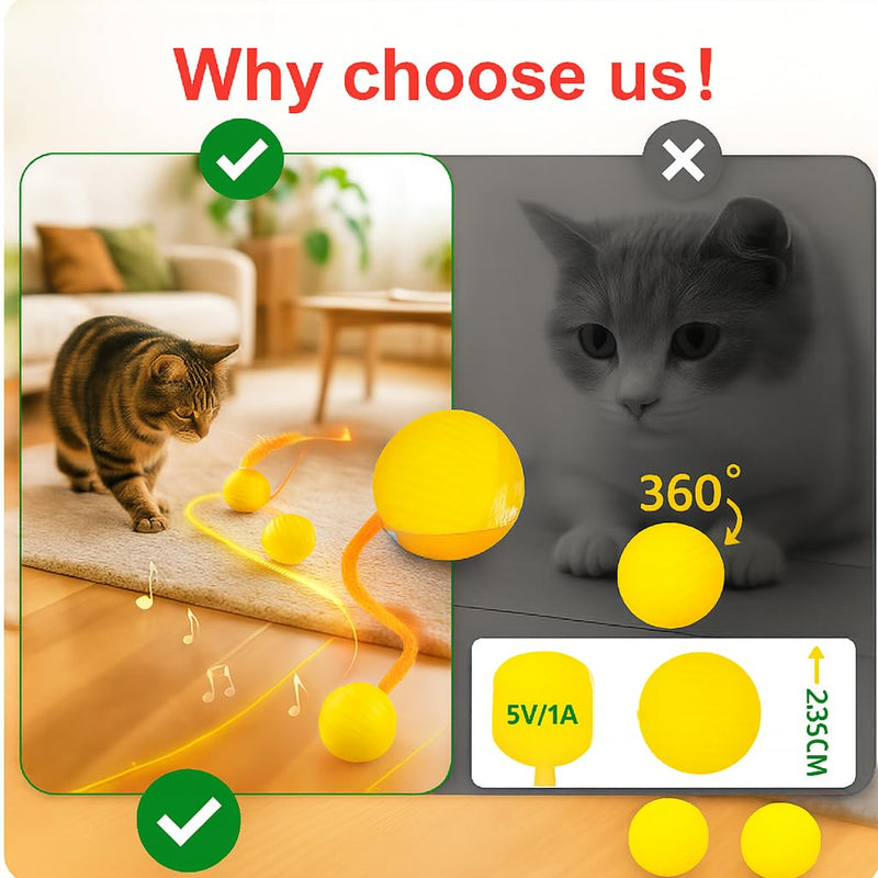 Automatic Cat Toy Ball – Rechargeable Cat Ball with Feather & Ribbon Tail – Light-Up Effects – Smart Rolling Indoor Cat Toys – Dual Speeds – Interactive Cat Toys for Kittens Yellow - PawsPlanet Australia