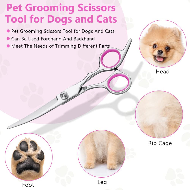 Dog Grooming Scissors, 5 Pcs Stainless Steel Pet Trimmer Kit, Fashion Hair Cutting Grooming Tool for Dogs and Cats - with 6-inch Cutting Scissors, Thinning Shear, Curved Scissors, Grooming Comb Pink 4 in 1