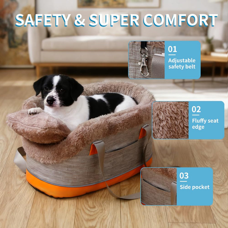 Pet Car Center Console Elevated Armrest Car Seat for Small Puppies, Dogs & Cats (Up to 10 lbs) – Khaki Washable Plush Carrier with Safety Leash, Fits Front Vehicle Console Space - PawsPlanet Australia
