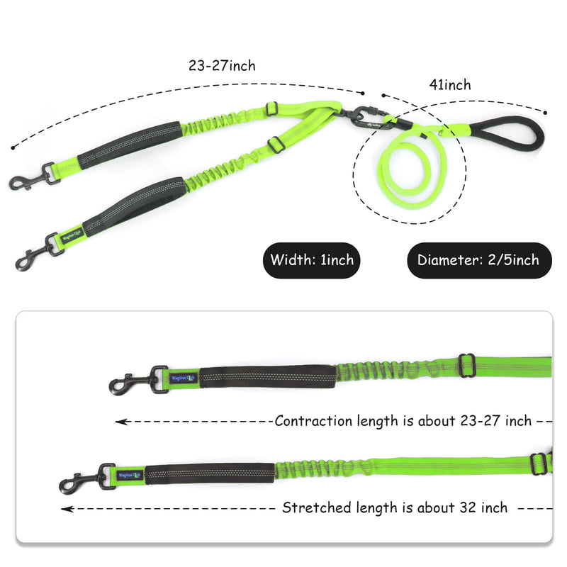 Double Dog Leash for 2 Dogs, Dual Dog Leash 360° Swivel Tangle-Free Bungee, Shock Absorbing Walking Training Leashes, Reflective, for Two Dogs (Neon Green) Neon Green